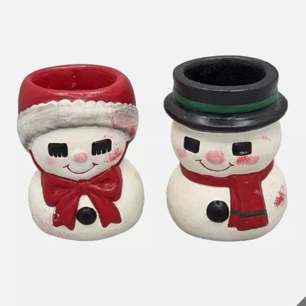 Vintage Snowman Woman Ceramic Votive Candle Holder 1987 Hand Painted collectable
